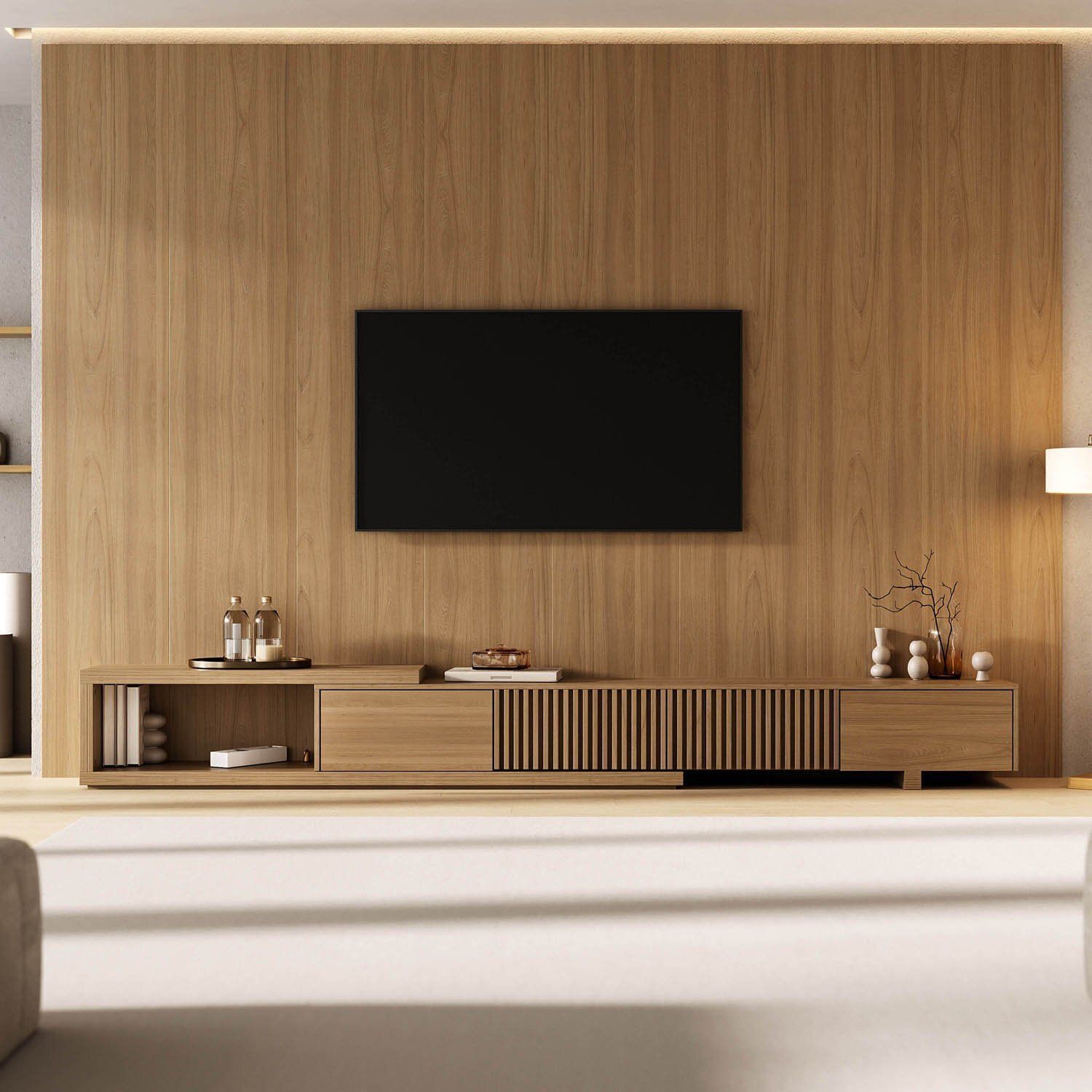 Rack Extensível Com Painel Para Tv Até 86 Polegadas Ripado 320x230cm Aruá Cabecasa Madeiraoriginals Jatoba