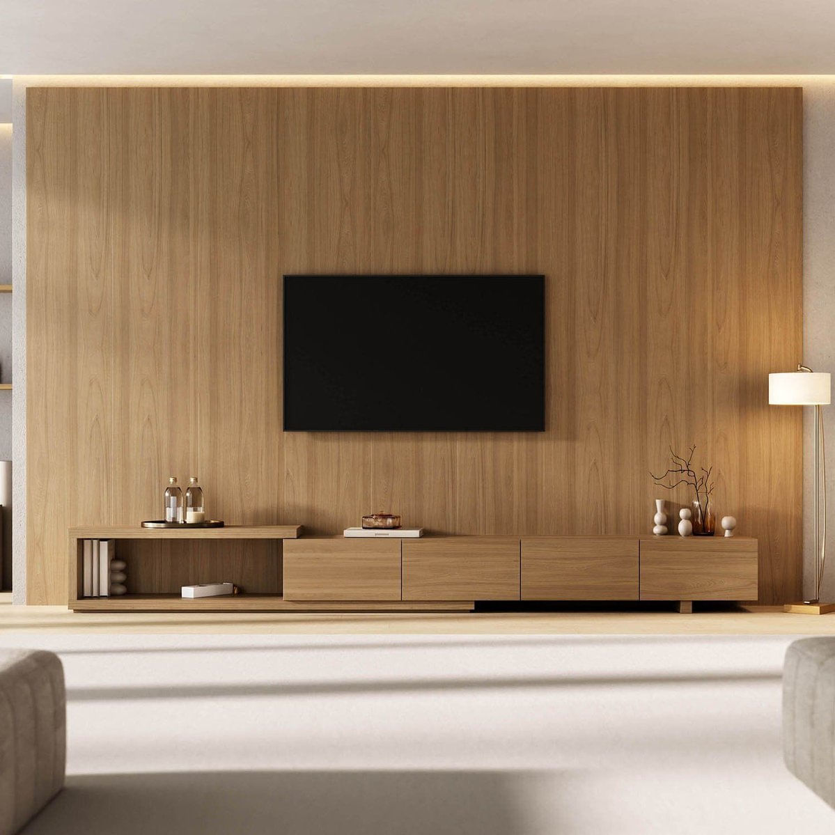 Rack Extensível Com Painel Para Tv Até 86 Polegadas Liso 360x230cm Aruá Cabecasa Madeiraoriginals Jatoba