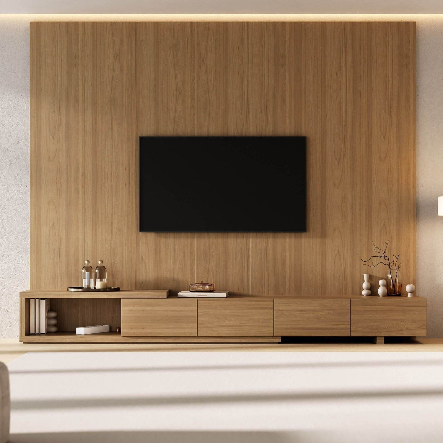 Rack Extensível Com Painel Para Tv Até 86 Polegadas Liso 280x230cm Aruá Cabecasa Madeiraoriginals Jatoba