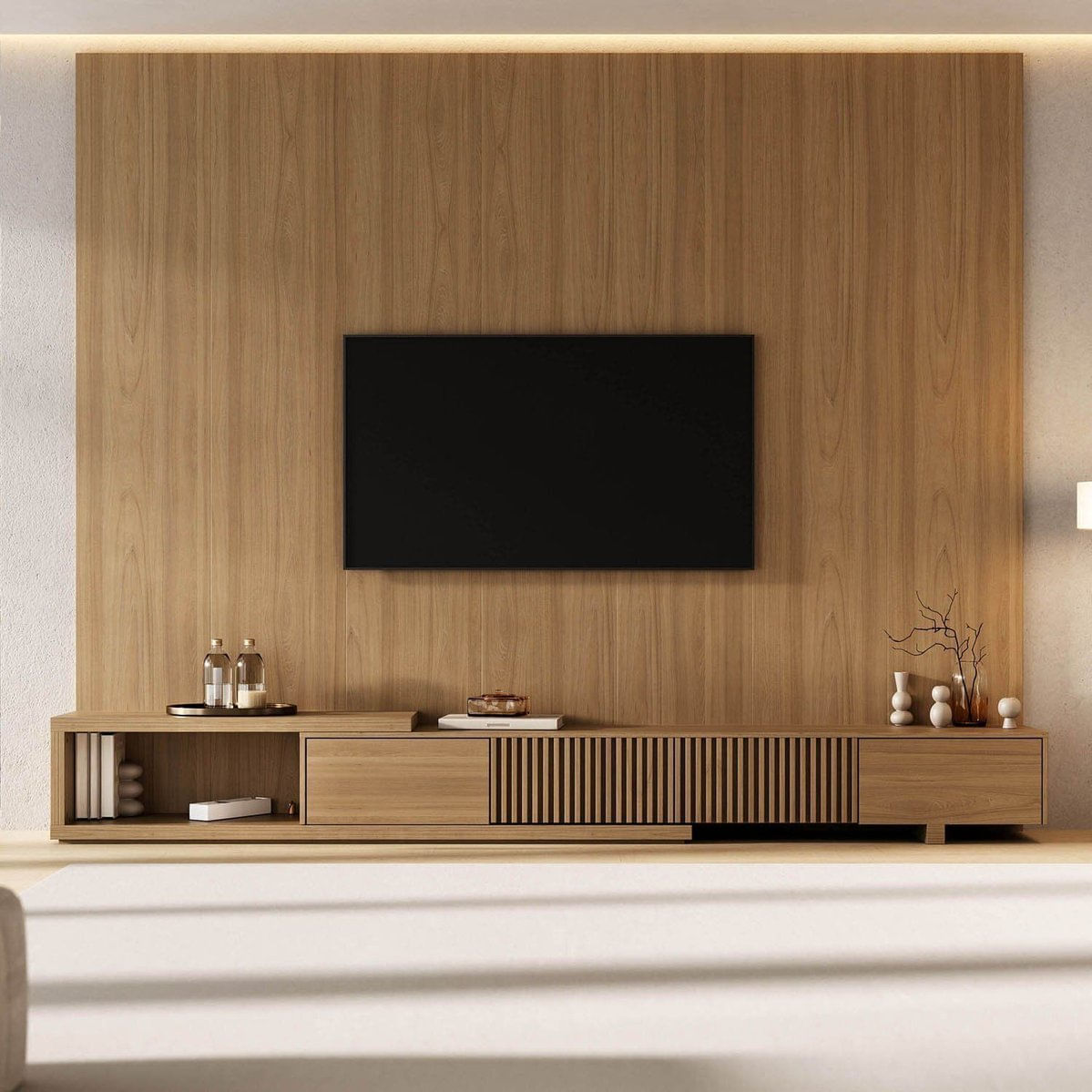 Rack Extensível Com Painel Para Tv Até 86 Polegadas Ripado 280x250cm Aruá Cabecasa Madeiraoriginals Jatoba