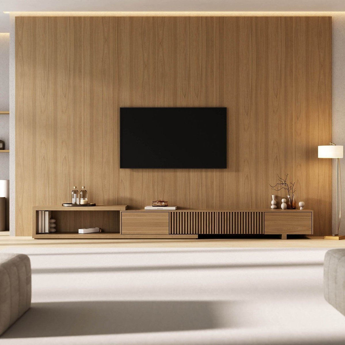 Rack Extensível Com Painel Para Tv Até 86 Polegadas Ripado 360x230cm Aruá Cabecasa Madeiraoriginals Jatoba