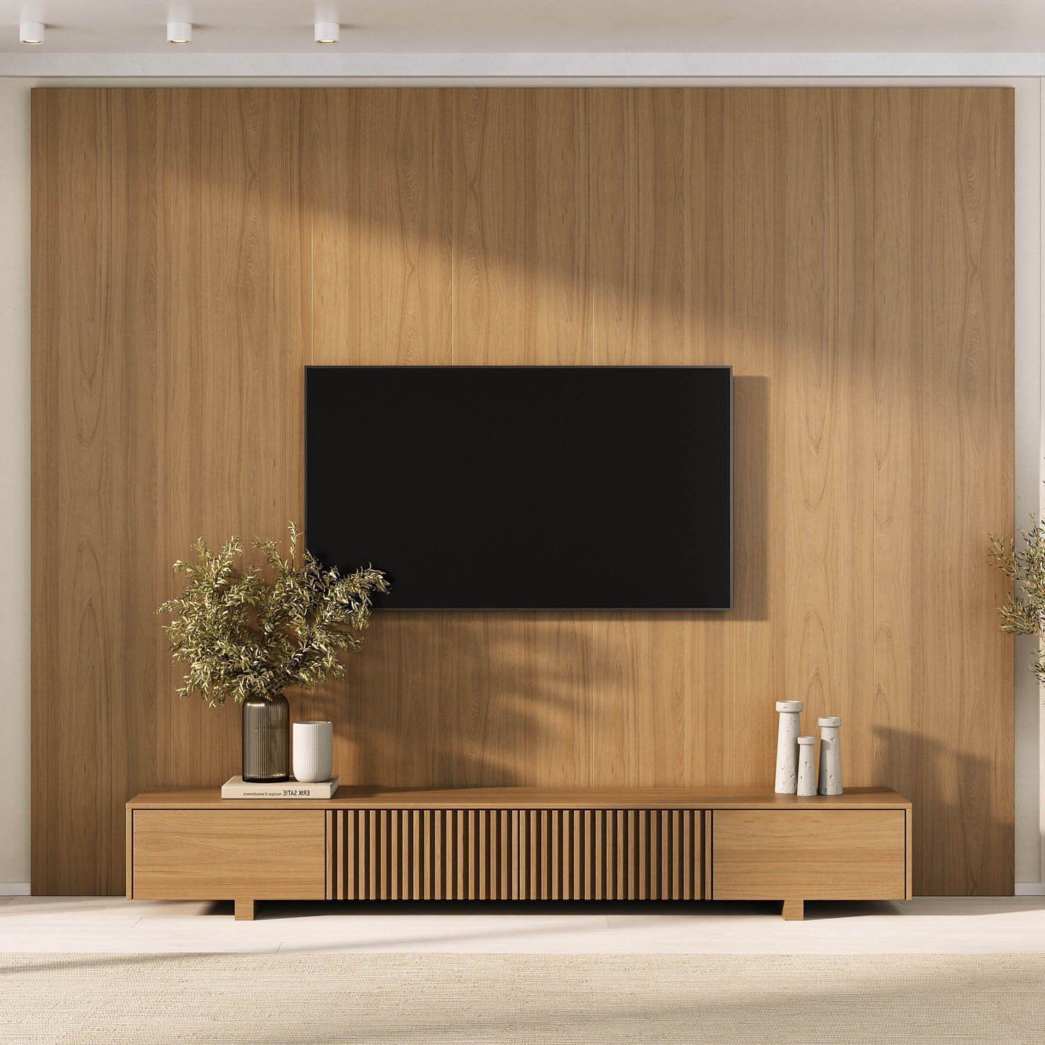 Rack Com Painel Para Tv Até 86 Polegadas Ripado 280x250cm Aruá Cabecasa Madeiraoriginals Jatoba