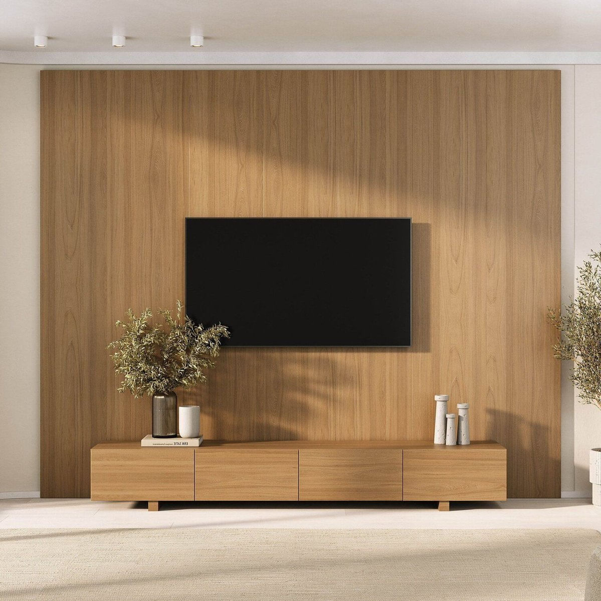Rack Com Painel Para Tv Até 86 Polegadas Liso 280x230cm Aruá Cabecasa Madeiraoriginals Jatoba
