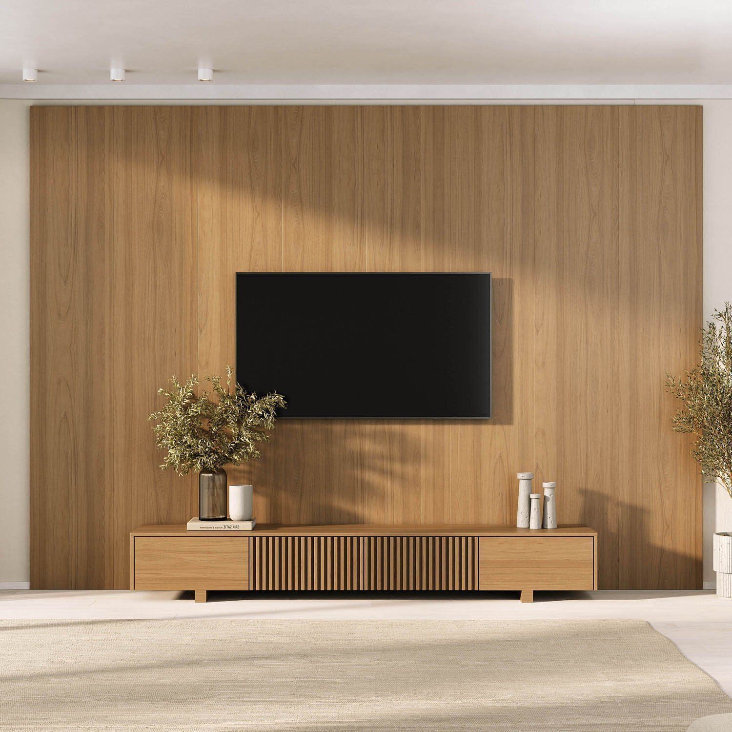 Rack Com Painel Para Tv Até 86 Polegadas Ripado 320x250cm Aruá Cabecasa Madeiraoriginals Jatoba