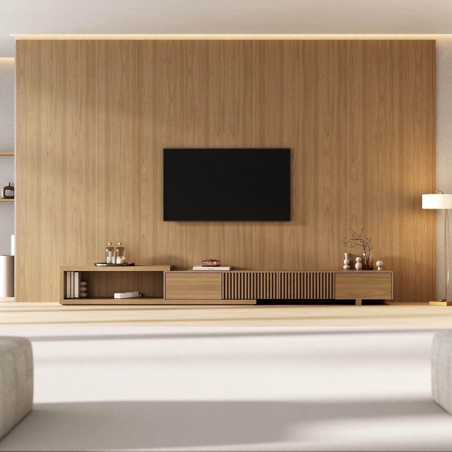 Rack Extensível Com Painel Para Tv Até 86 Polegadas Ripado 400x250cm Aruá Cabecasa Madeiraoriginals Jatoba