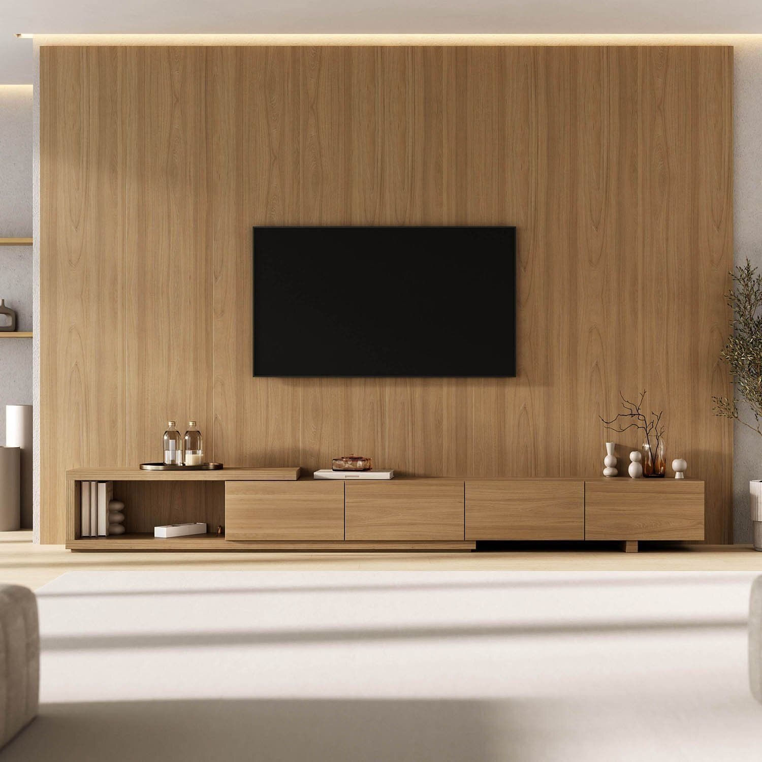 Rack Extensível Com Painel Para Tv Até 86 Polegadas Liso 320x250cm Aruá Cabecasa Madeiraoriginals Jatoba