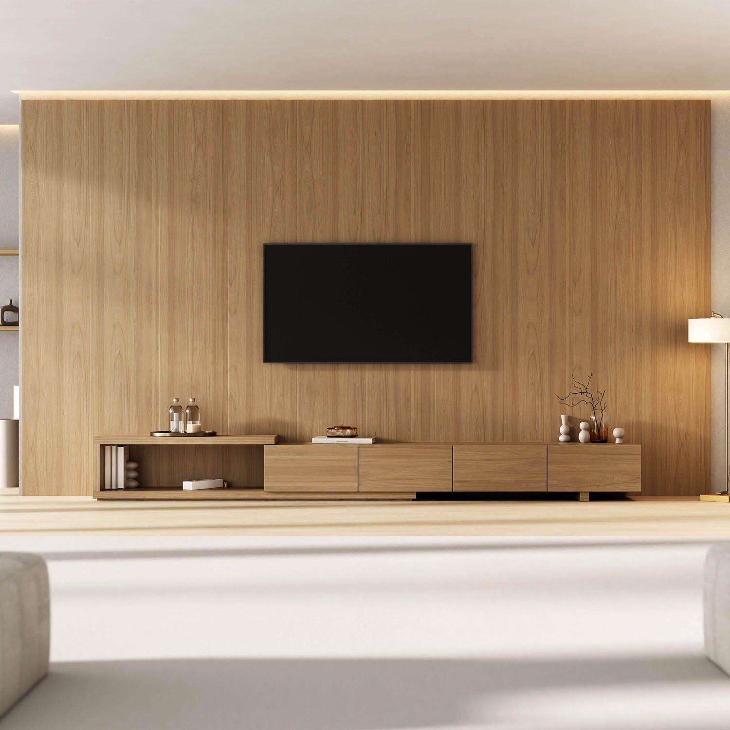 Rack Extensível Com Painel Para Tv Até 86 Polegadas Liso 400x250cm Aruá Cabecasa Madeiraoriginals Jatoba