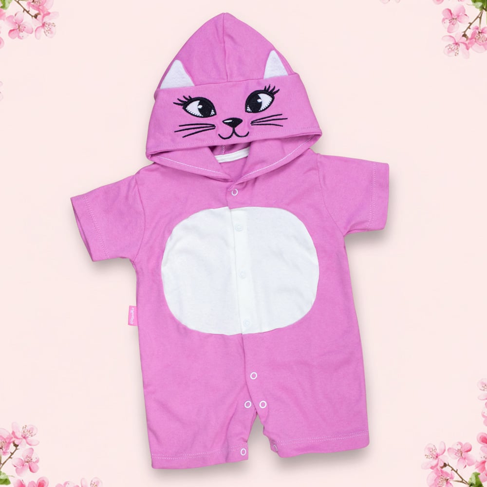 Macacão De Bebê Curto Capuz Bichinhos Bordado Gatinha Pink