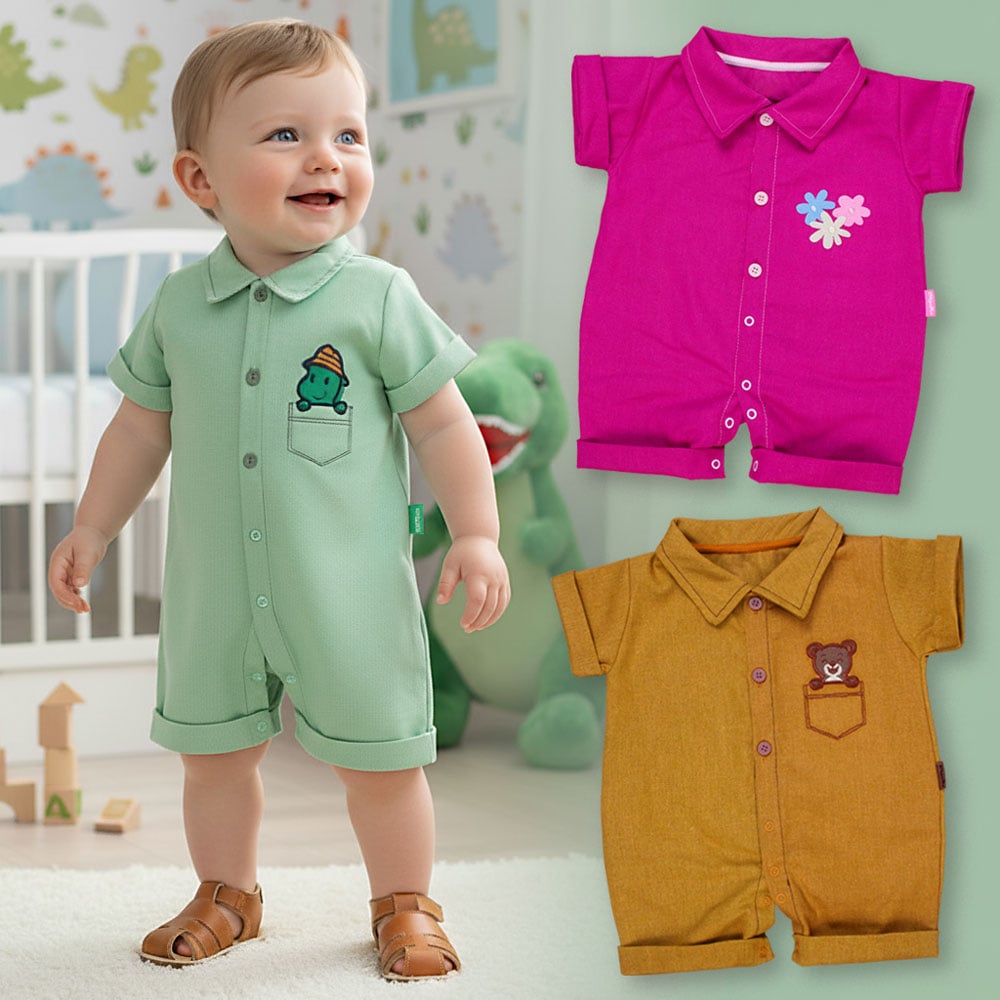 Macacão Camisa Ecolinho Bordado 3d Para Bebês Até 12 Meses