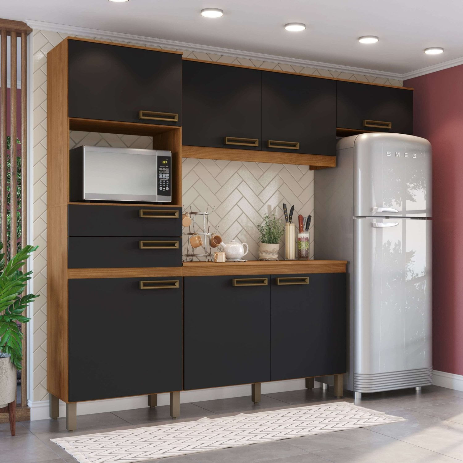 Cozinha Compacta Jasmine 7 Portas 2 Gavetas Espresso Móveis Nature E Preto Hp