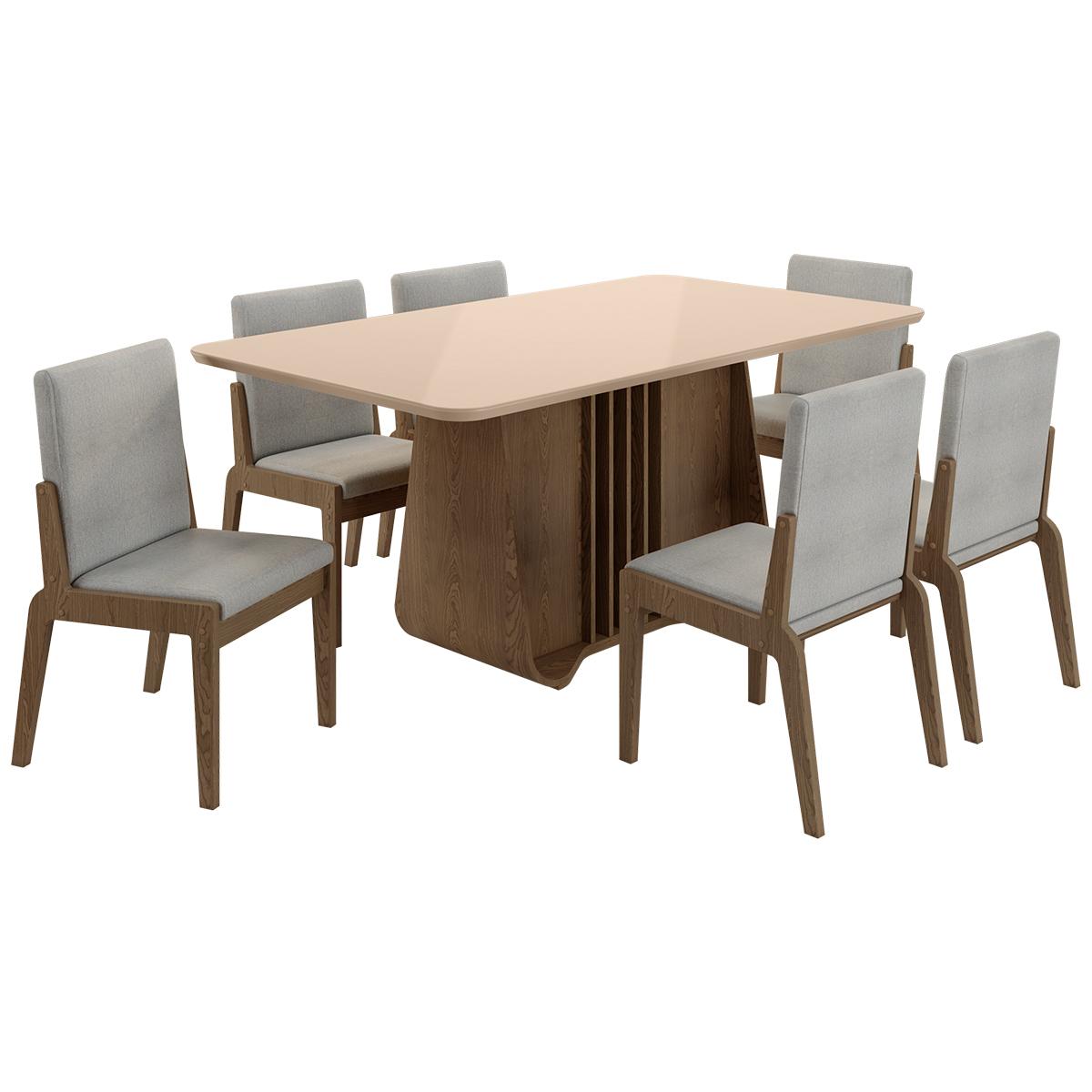 Kit Mesa De Jantar Harpa Com 6 Cadeiras Sinfonia Em Linho Carvalho/fendi/cinza