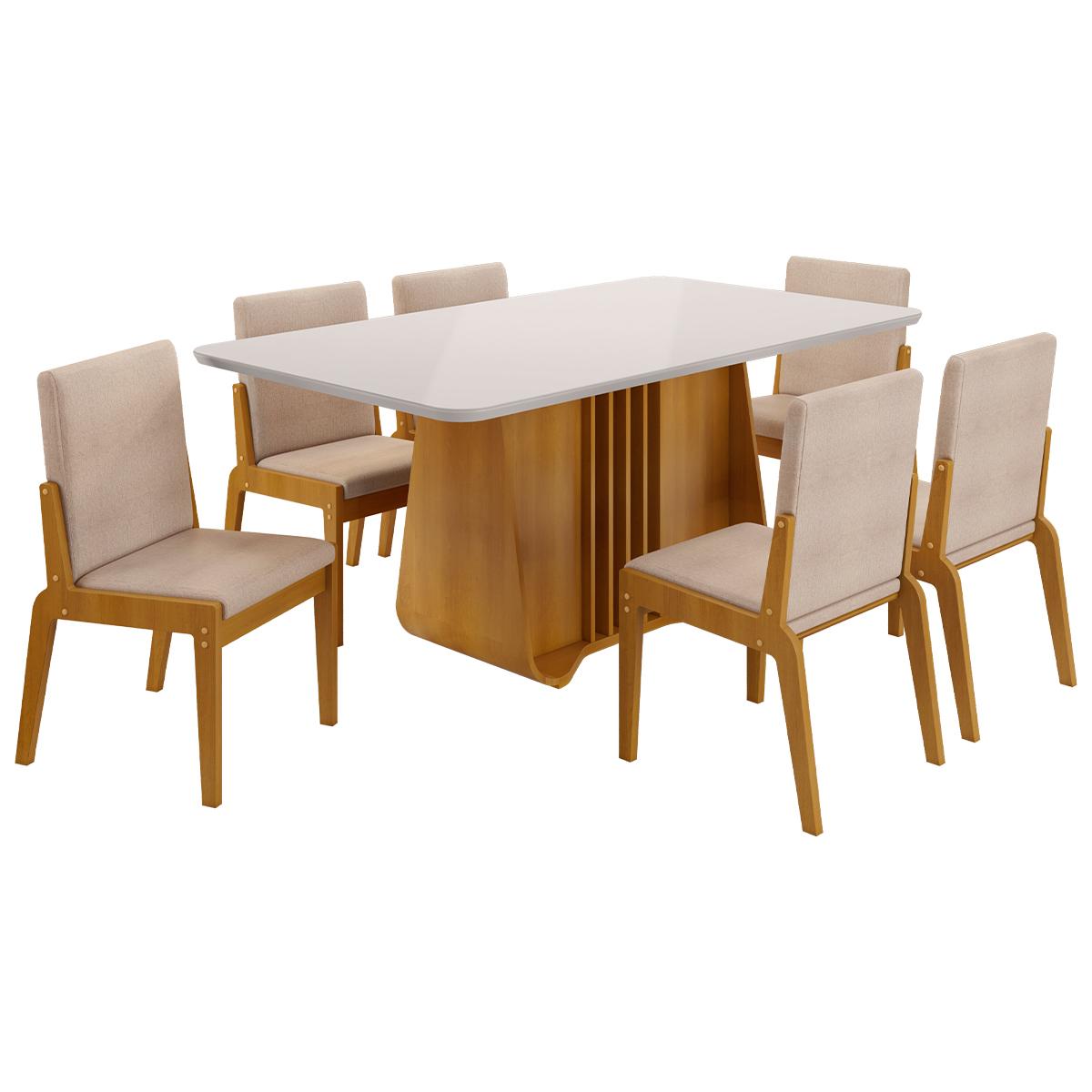 Kit Mesa De Jantar Harpa Com 6 Cadeiras Sinfonia Em Linho Naturale/off White/creme