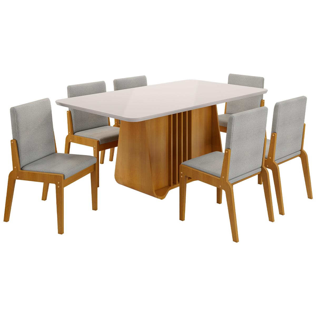 Kit Mesa De Jantar Harpa Com 6 Cadeiras Sinfonia Em Linho Naturale/off White/cinza
