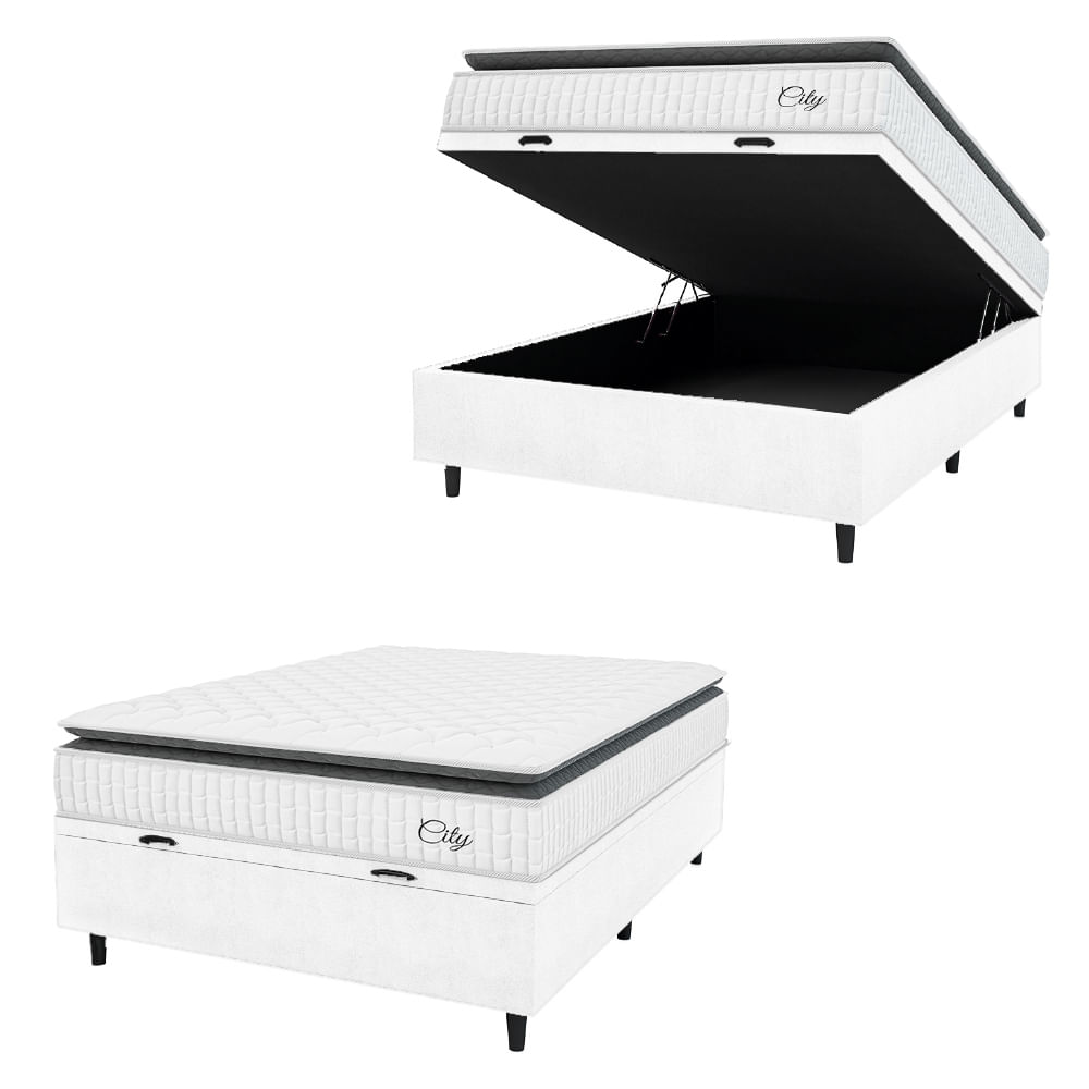 Cama Box Baú Colchão Casal Molas Ensacadas City Pillow Top 138x188x64cm Linho Branco / Preto Hellen - Suporta Até 110kg Por Pessoa
