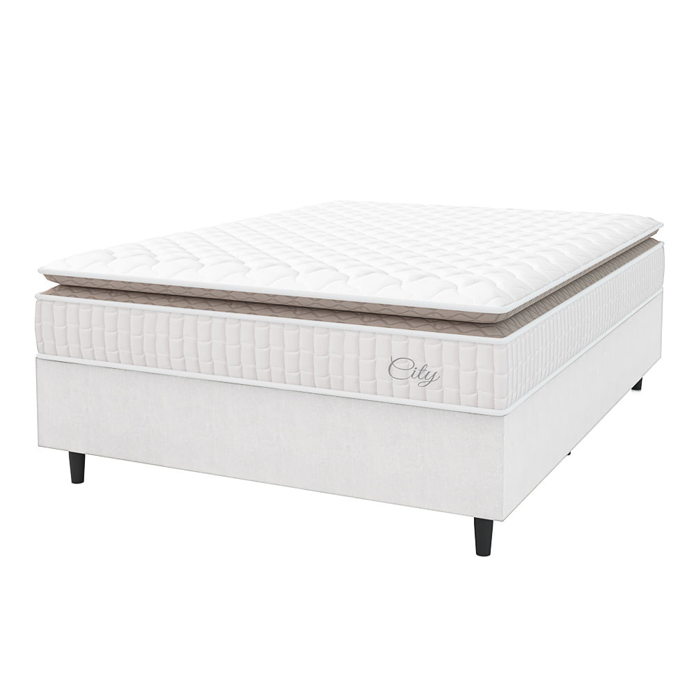 Cama Box Colchão Casal Molas Ensacadas City Pillow Top 138x188x61cm Linho Branco / Bege Hellen - Suporta Até 110kg Por Pessoa
