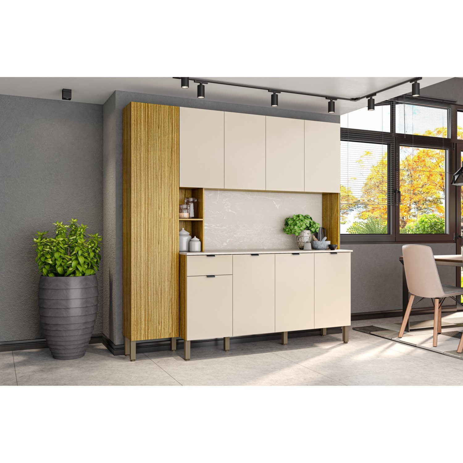 Armário Para Cozinha 9 Portas 1 Gaveta Pulse Freijó/vanilla/cp-riscatto Freijó