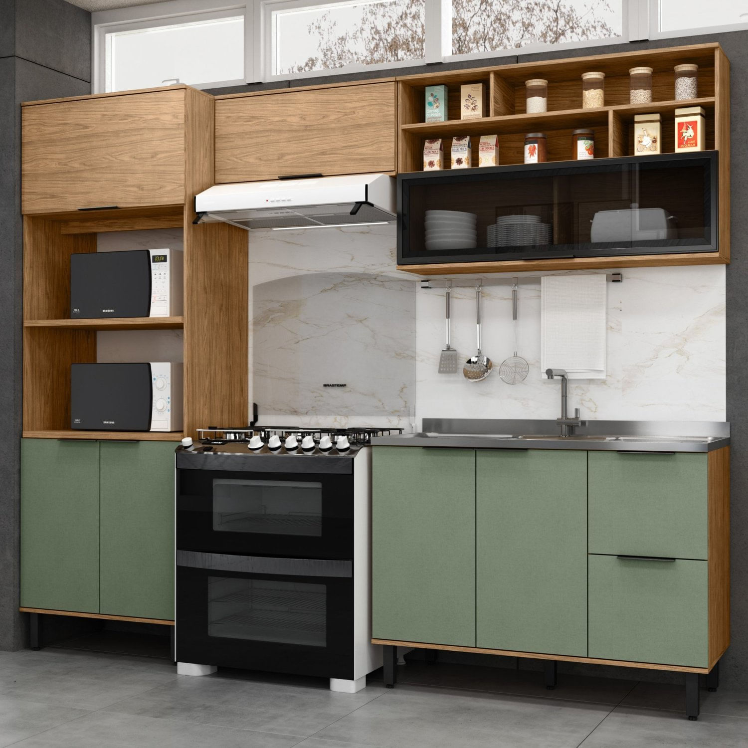 Cozinha Modulada Toscana 4 Peças Mdf Com Aéreo 1200 Porta De Vidro Basculante E Torre 2 Fornos Freijó/jade