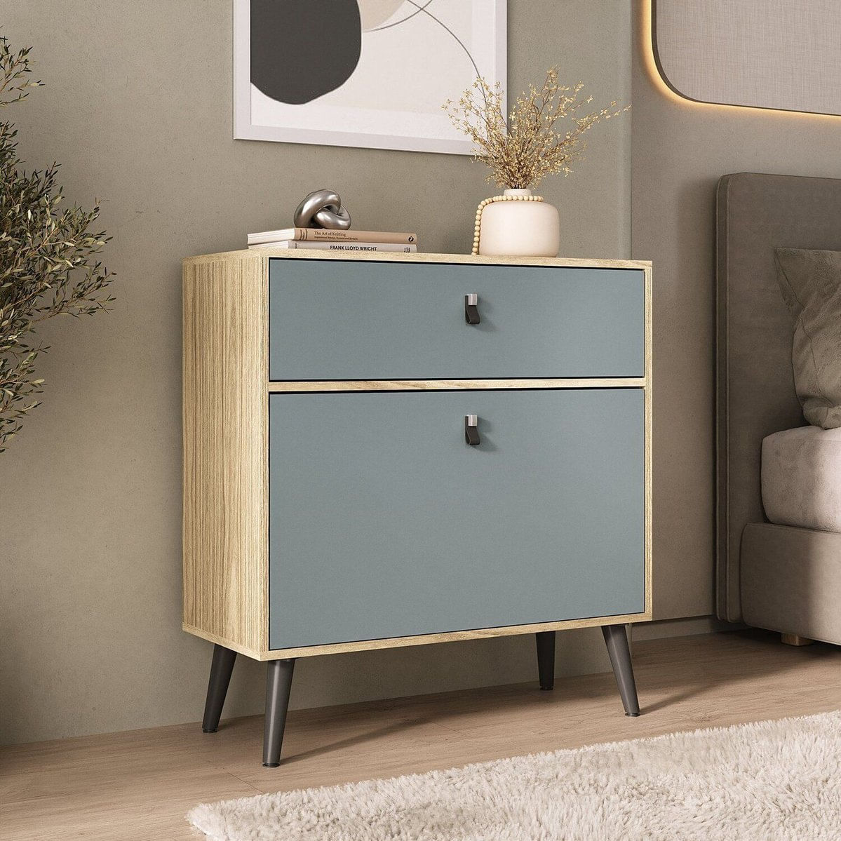 Sapateira Cômoda Com Gaveta Para Quarto Amendoa / Acqua