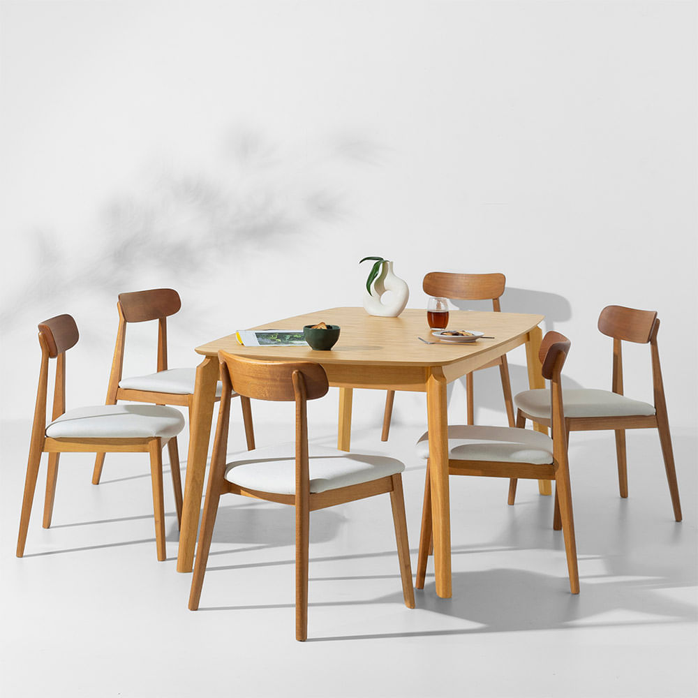 Conjunto Mesa De Jantar Lalá Retangular Carvalho Americano - 1,60mx90cm + 6 Cadeira Nord Encosto Madeira Texture - Off White