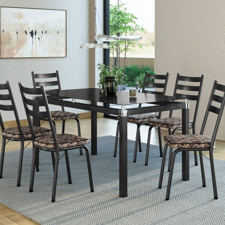 Conjunto Mesa Malva 140x80cm Com 6 Cadeiras New Palha/preto