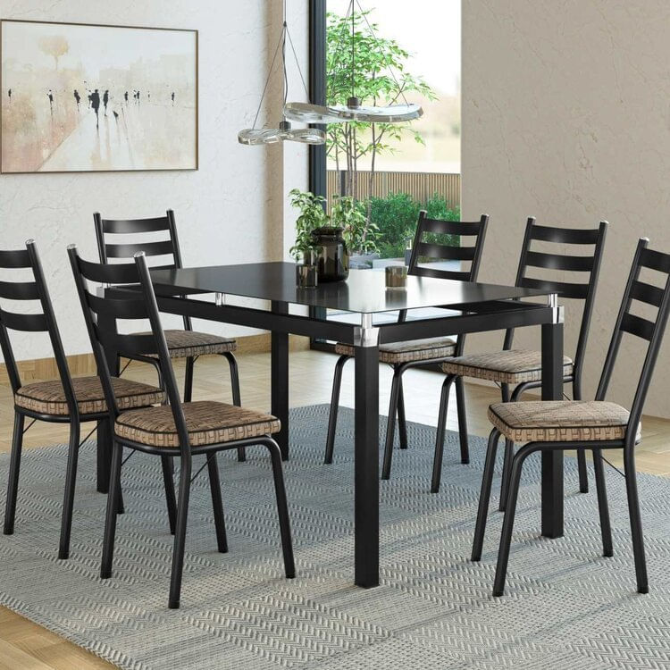 Conjunto Mesa Malva 140x80cm Com 6 Cadeiras Rattan New Preto/natural