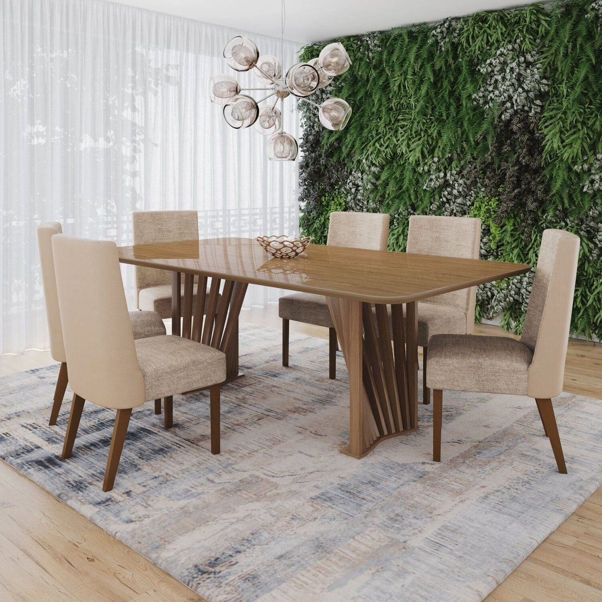 Conjunto Mesa Adriana 200cm Com Vidro 6 Cadeiras Anne Nature/bege/creme