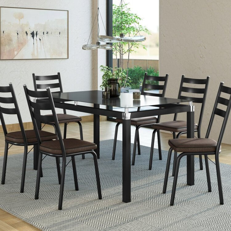 Conjunto Mesa 140x160cm Com 6 Cadeiras New Malva Preto/Imbuia