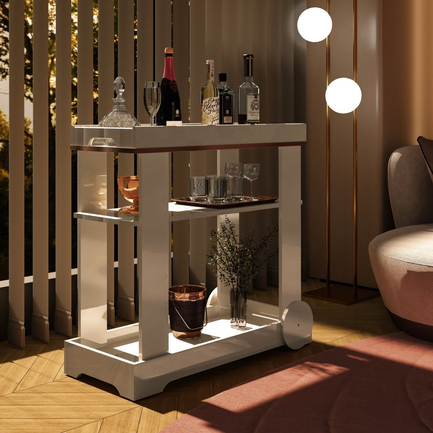 Carrinho Bar Com Rodizios Com Fita Metalizada Rodas Off White