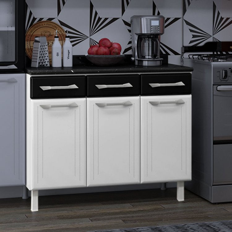 Balcão de Cozinha em Aço Triplo com Tampo Topázio Telasul Branco/Preto