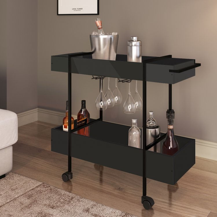Carrinho de Chá e Bar com Porta Taças 93,5cm Steel Quadra Artesano Preto