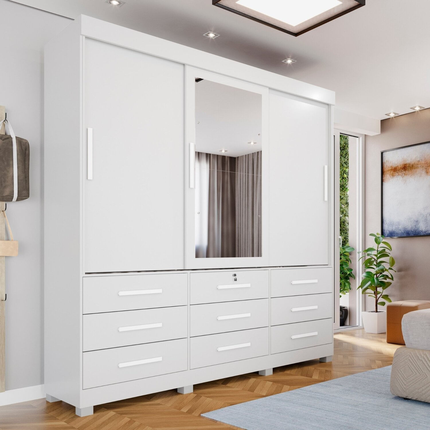 Guarda-roupa Com Espelho E 9 Gavetas Florença Espresso Móveis Branco