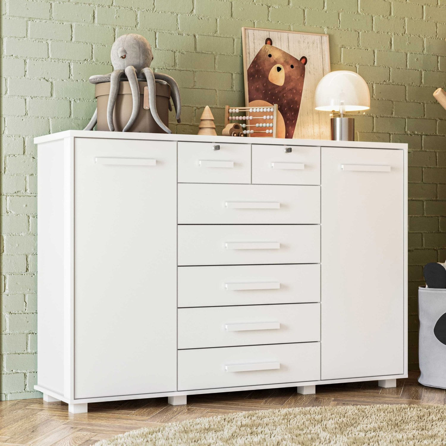 Cômoda Infantil 2 Portas 7 Gavetas Trapézio Branco