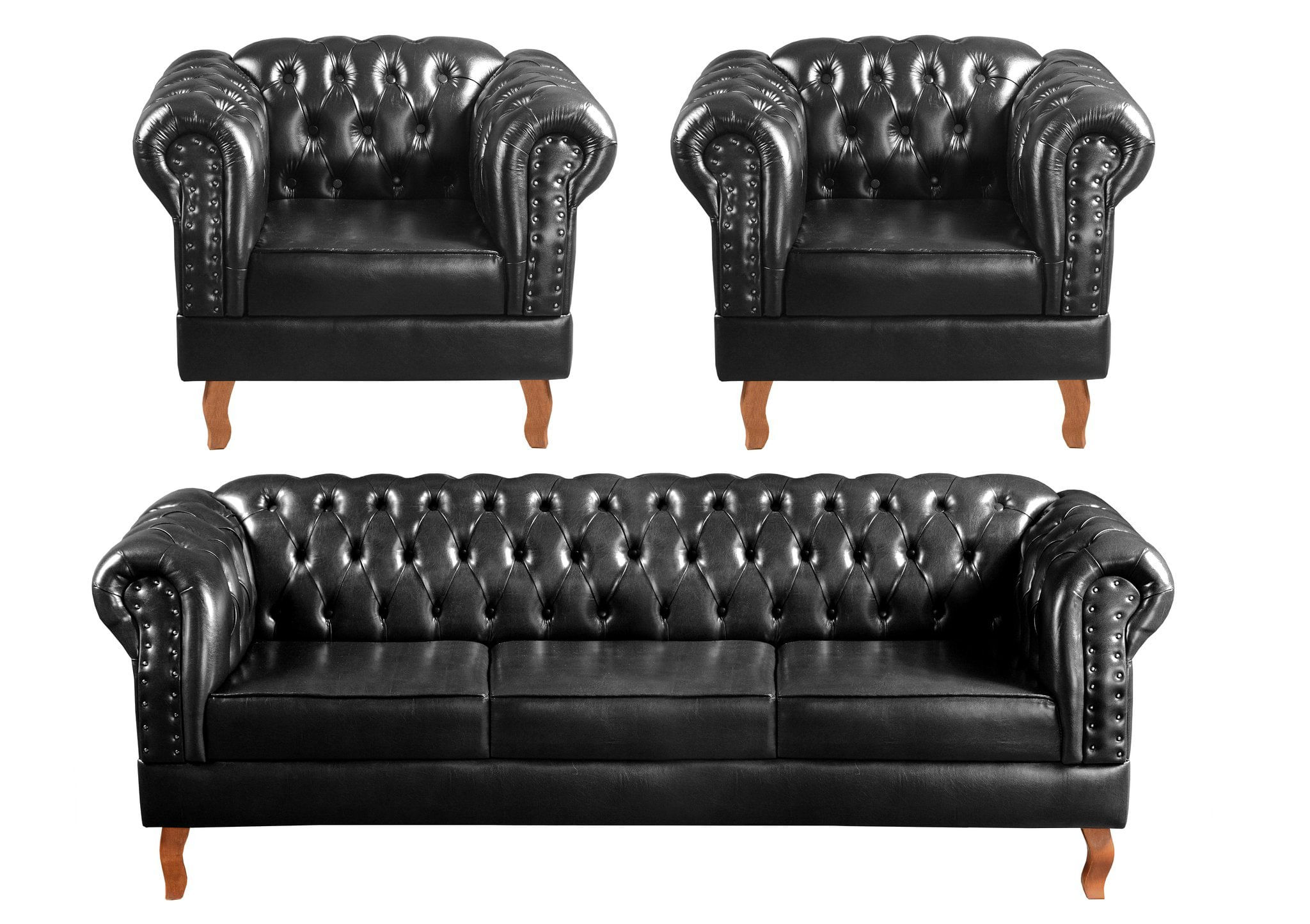 Conjunto Sofá Chesterfield 3 Lugares + 2 Poltronas Dom Pedro Preto