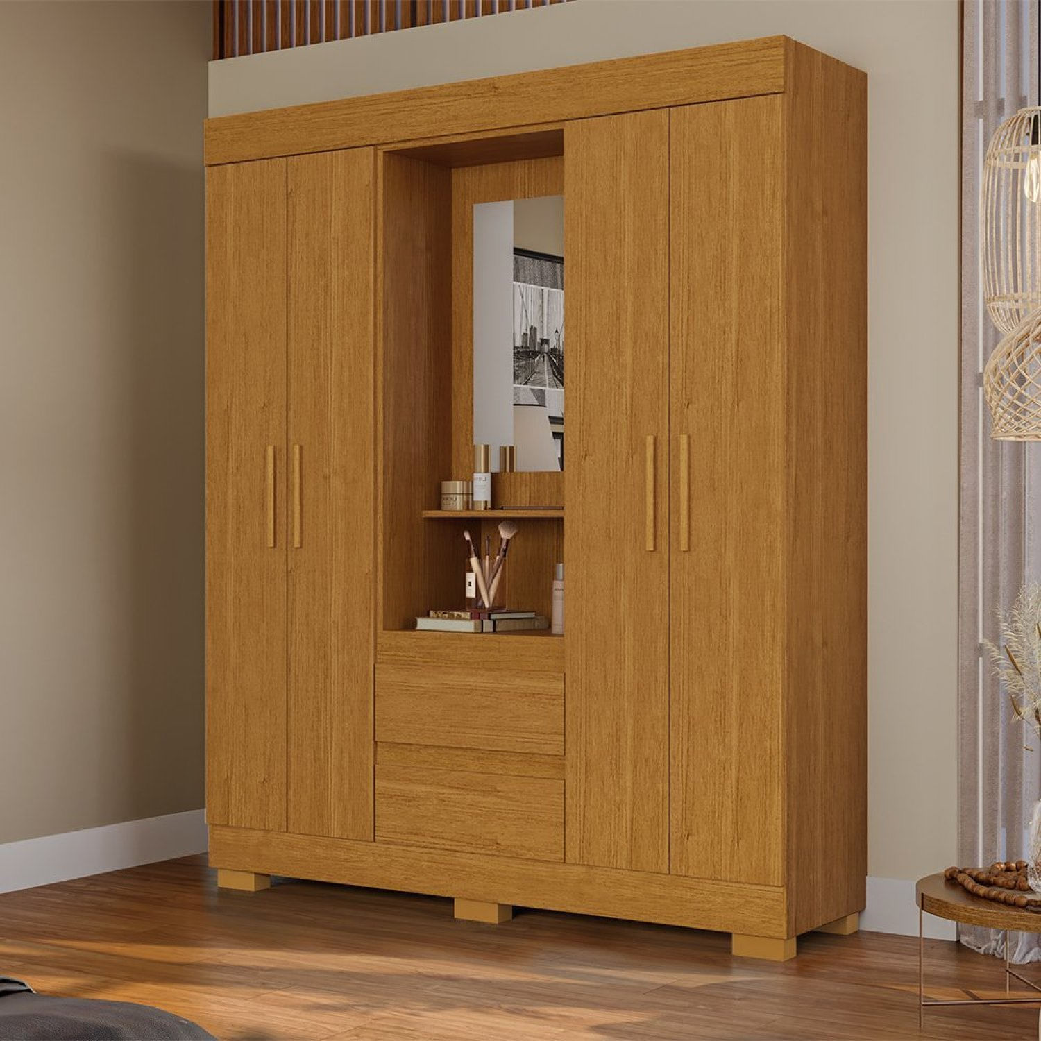 Guarda Roupa Casal 149,10cm 4 Portas E 2 Gavetas Capelinha Com Espelho Alyssa Espresso Móveis Cinamomo