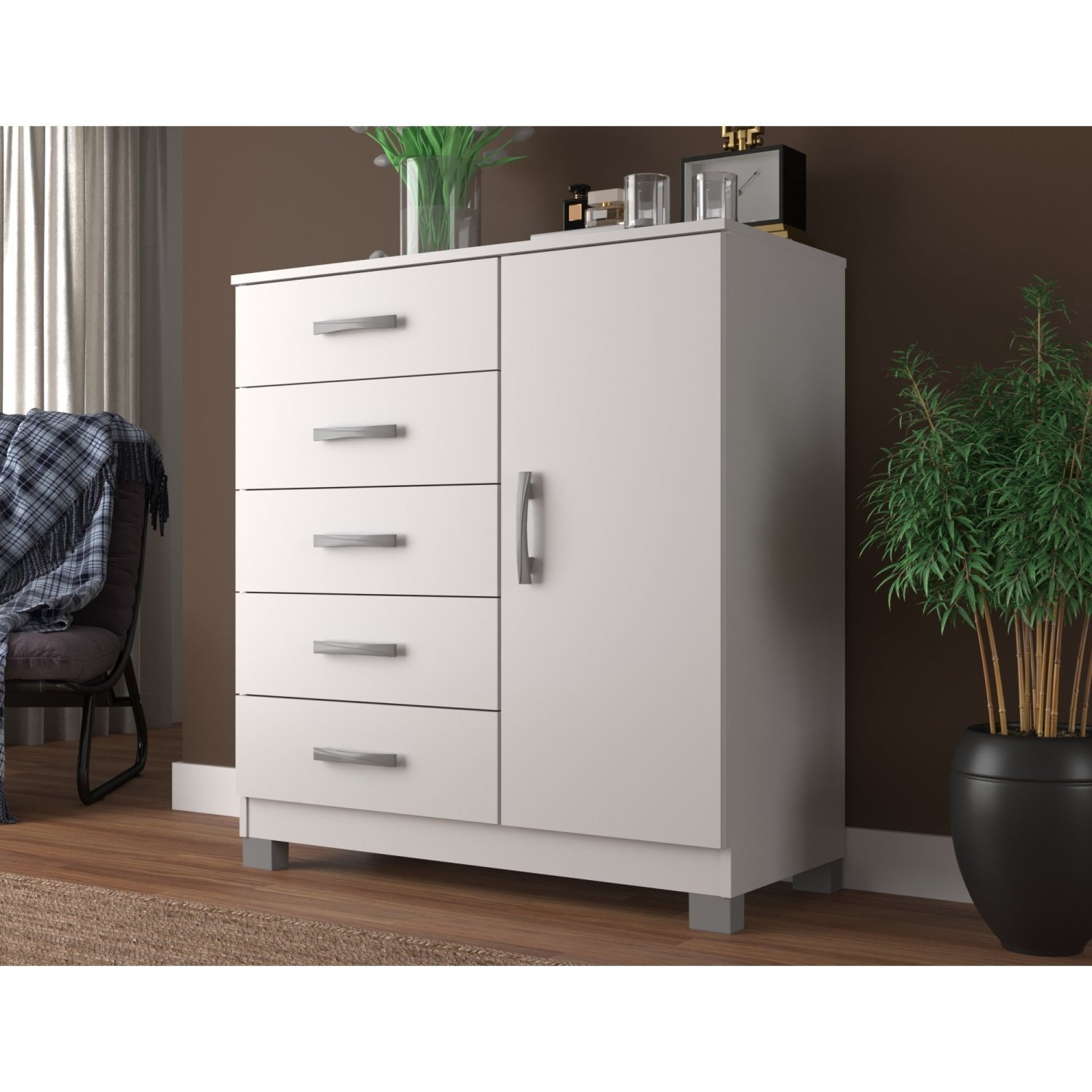 Cômoda Sapateira 1 Porta 5 Gavetas Zurique Com Pés Branco