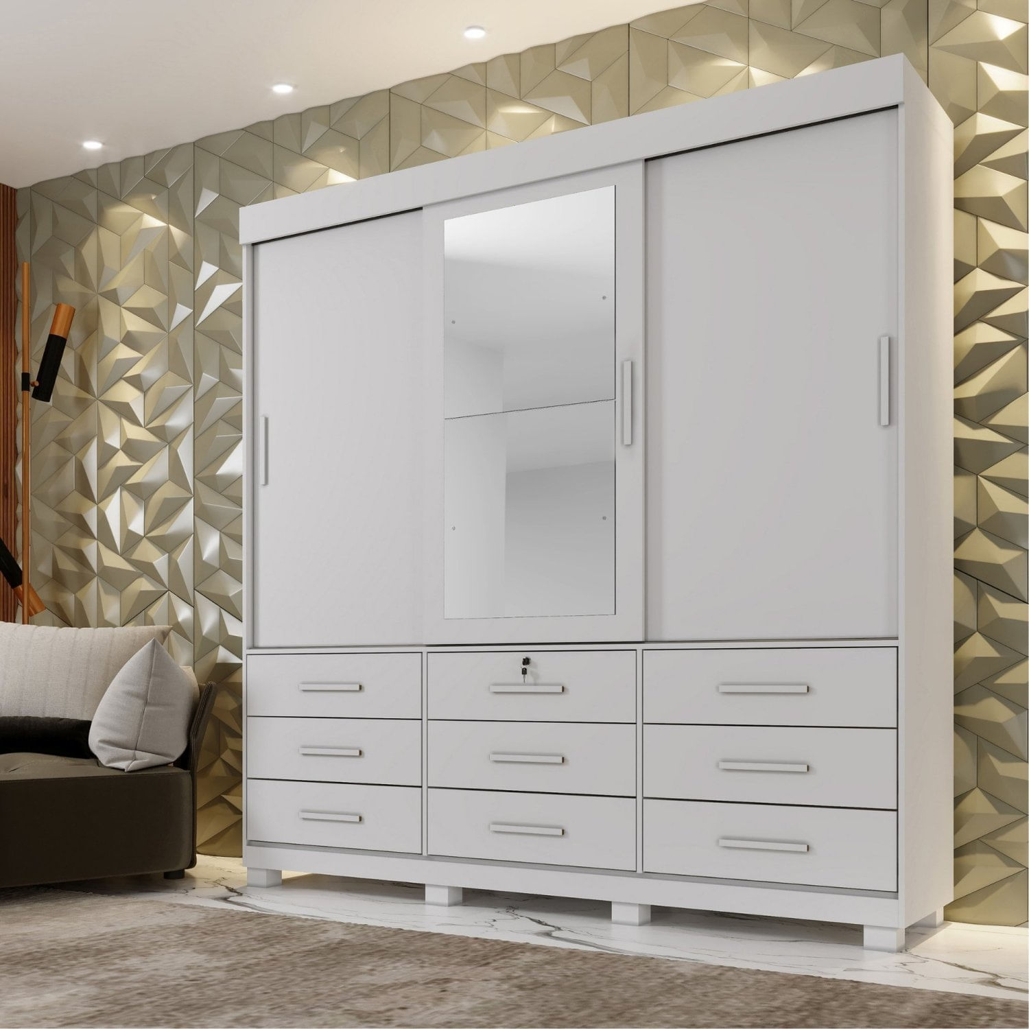 Guarda-roupa Londres Com Espelho E 9 Gavetas Branco