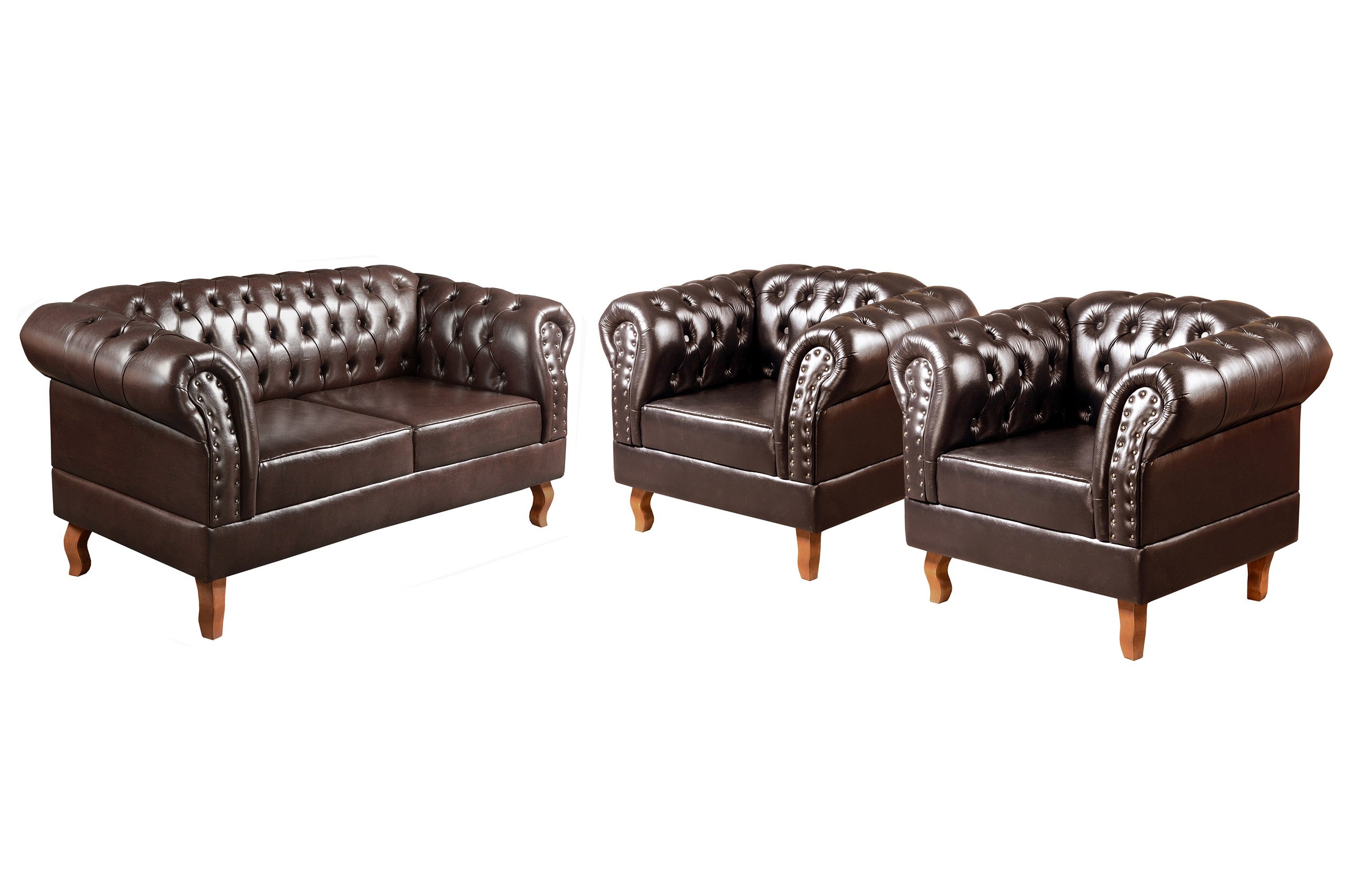 Conjunto Sofá Chesterfield 2 Lugares 2 Poltronas Dom Pedro Marrom