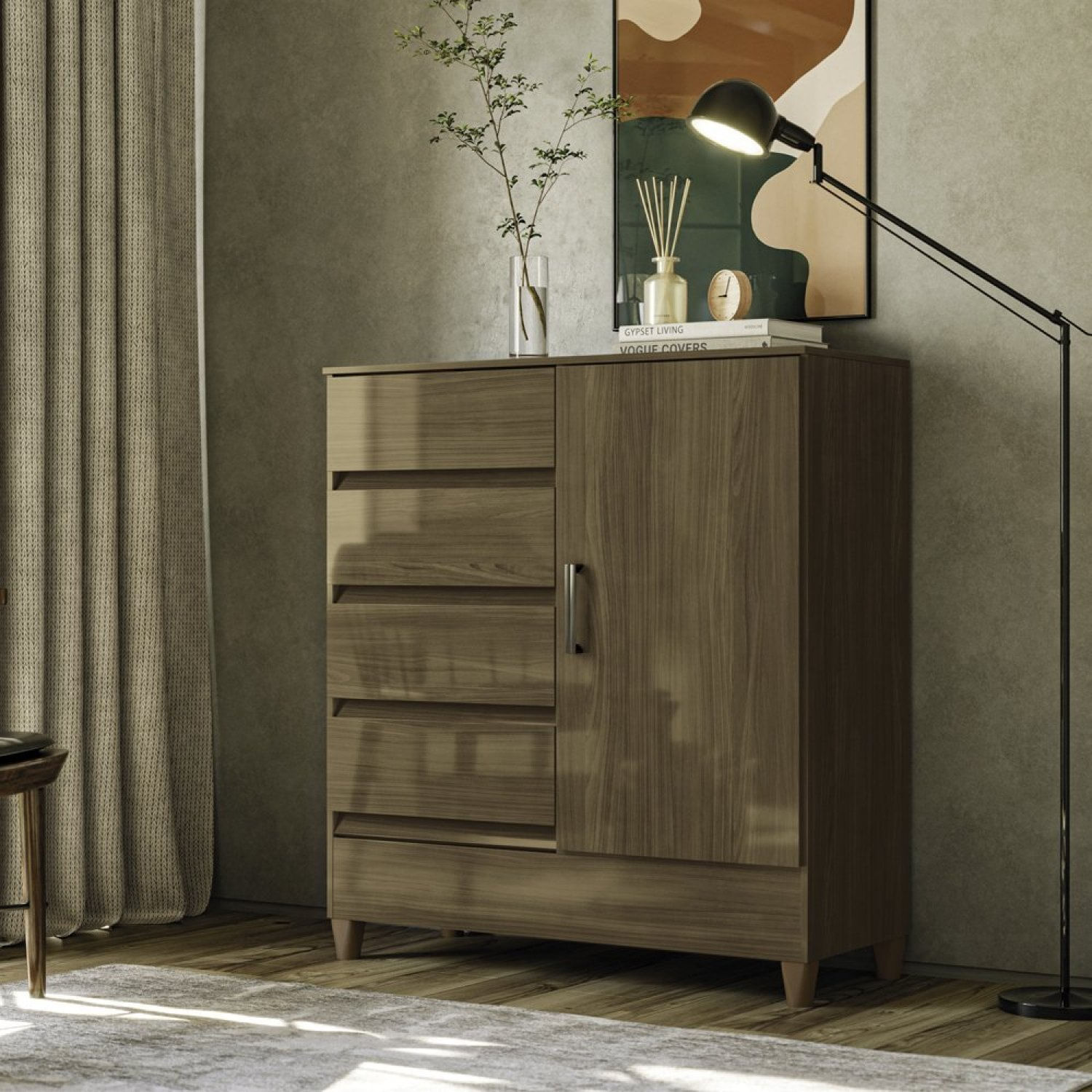 Cômoda 1 Porta 4 Gavetas Com Pés Jequitiba