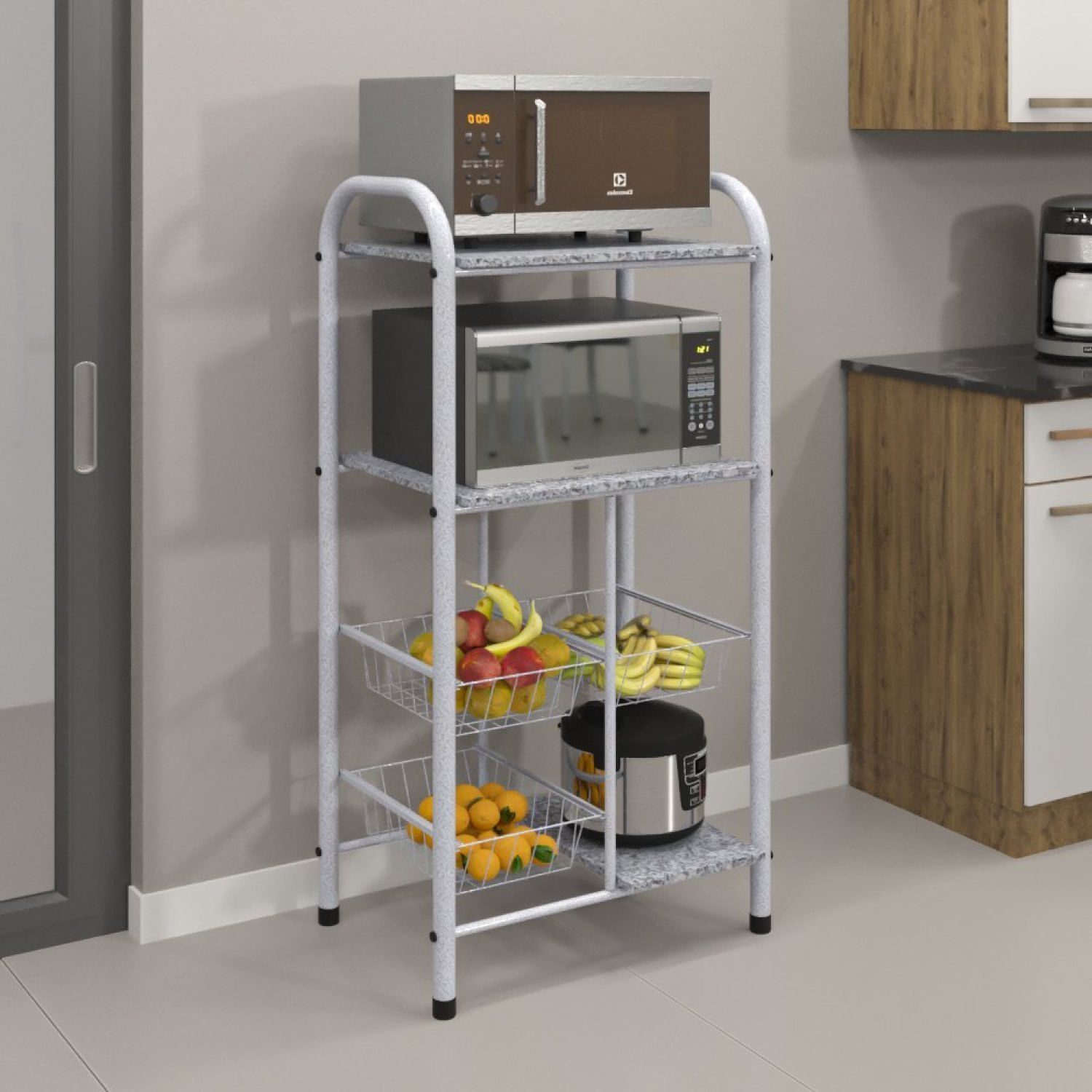 Fruteira 3 Cestas 3 Prateleiras Lavinea Plus Martelado Pérola/granito Ocre