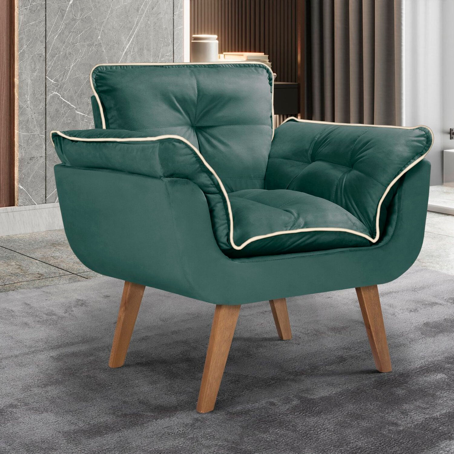 Poltrona Opalla Com Debrum Marfim E Base Palito Verde/marfim