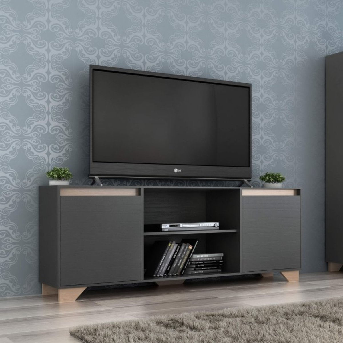 Rack para TV 42 Polegadas 2 Portas 3 Prateleiras Benevello Quiditá Grafite