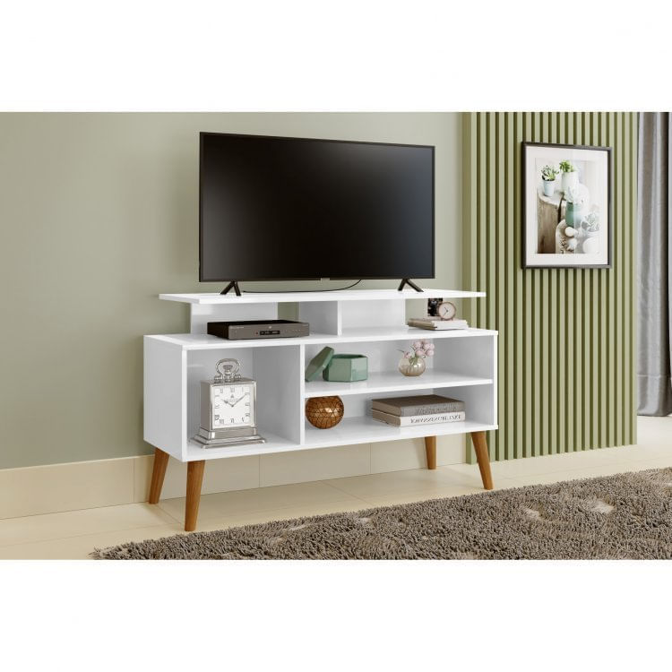 Rack para TV até 42 Polegadas Pés Madeira Retrô Lyon Carmolar Branco