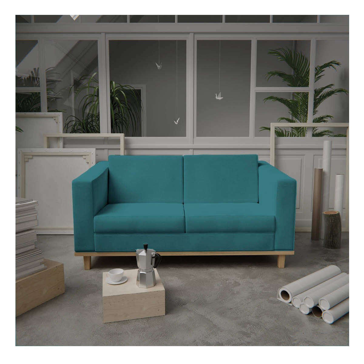 Sofá 2 Lugares 140cm Suede Esper Maranata Estofados Azul Turquesa