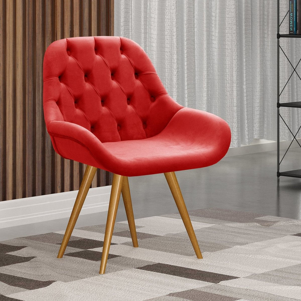 Poltrona Botonê Pé Palito Cadeira Decorativa Sala, Escritório, Recepção Lua Vermelho