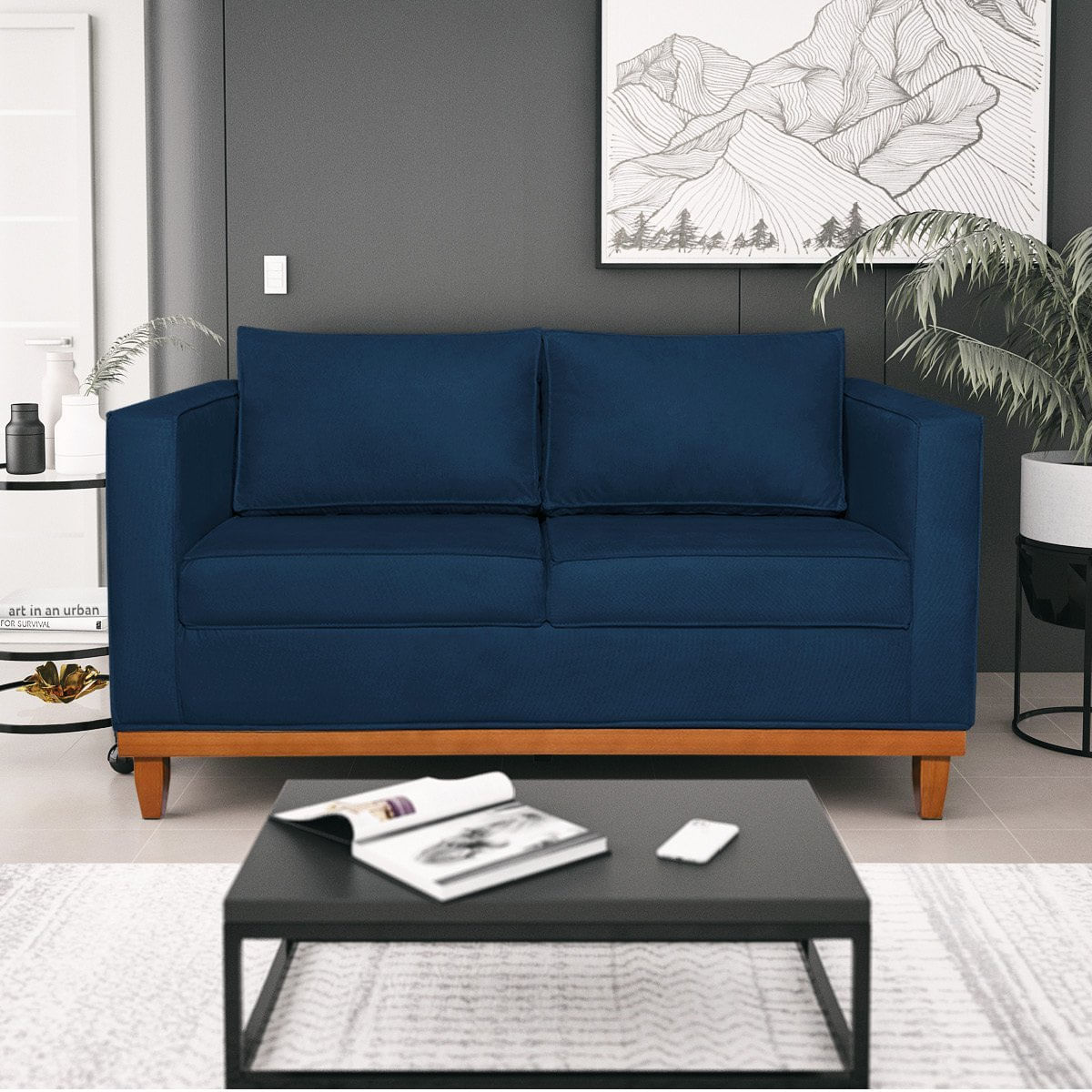 Sofá 2 Lugares 140cm Suede Esper Maranata Estofados Azul Marinho
