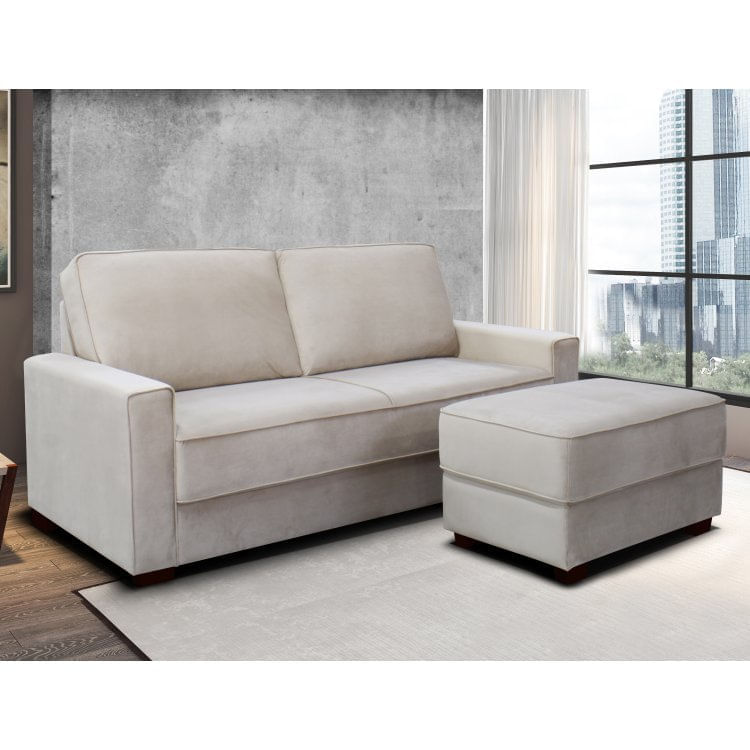 Sofá 3 Lugares 181cm com Puff Adapt Gralha Azul Veludo Bege