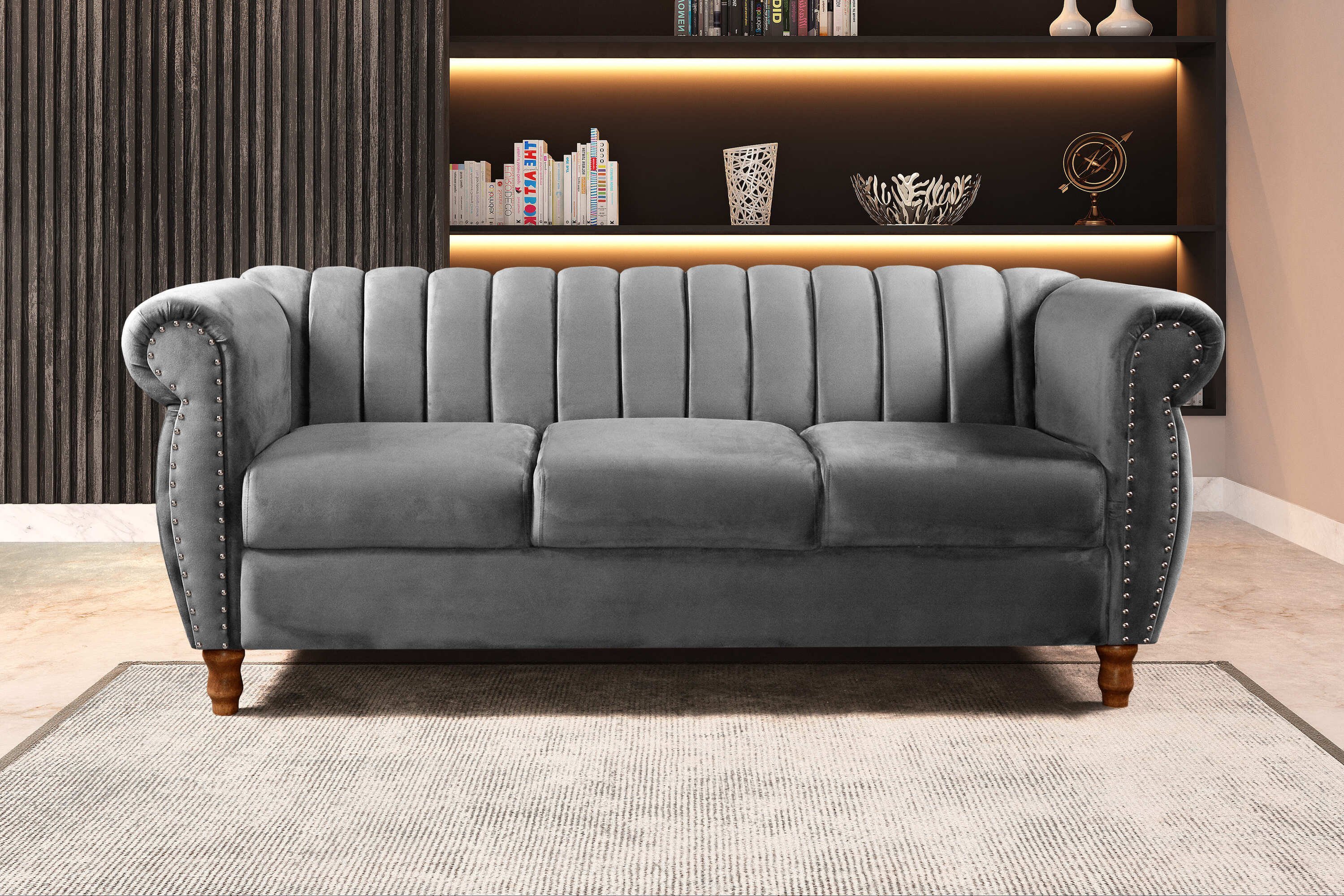 Sofá Chesterfield Realeza 3 Lugares Decoração Retrô Cinza Grafite