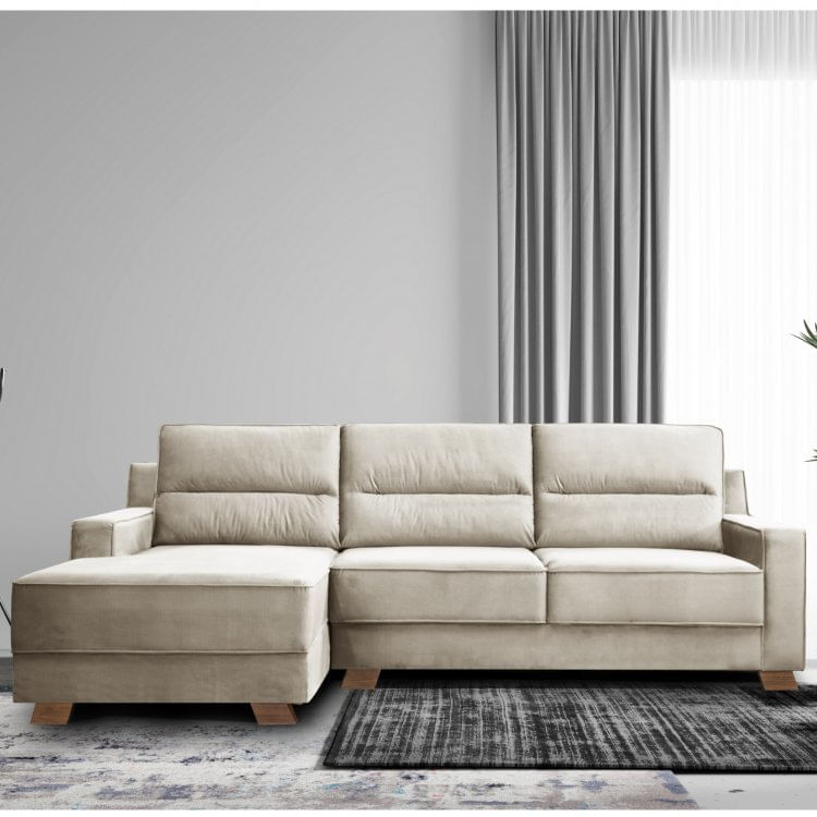 Sofá 3 Lugares com Chaise 249cm Delphos Gralha Azul Veludo Bege