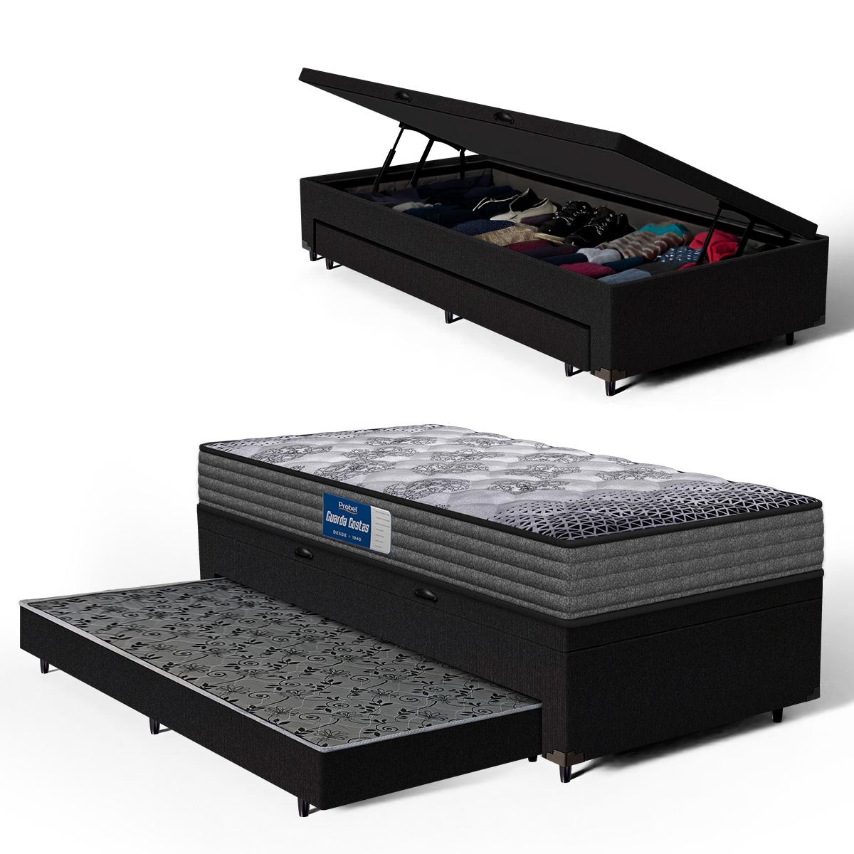 Cama Box Baú Com Colchão De Espuma D60 Double Face Guarda Costas Comfort Force Probel + Auxiliar Solteiro 88cm