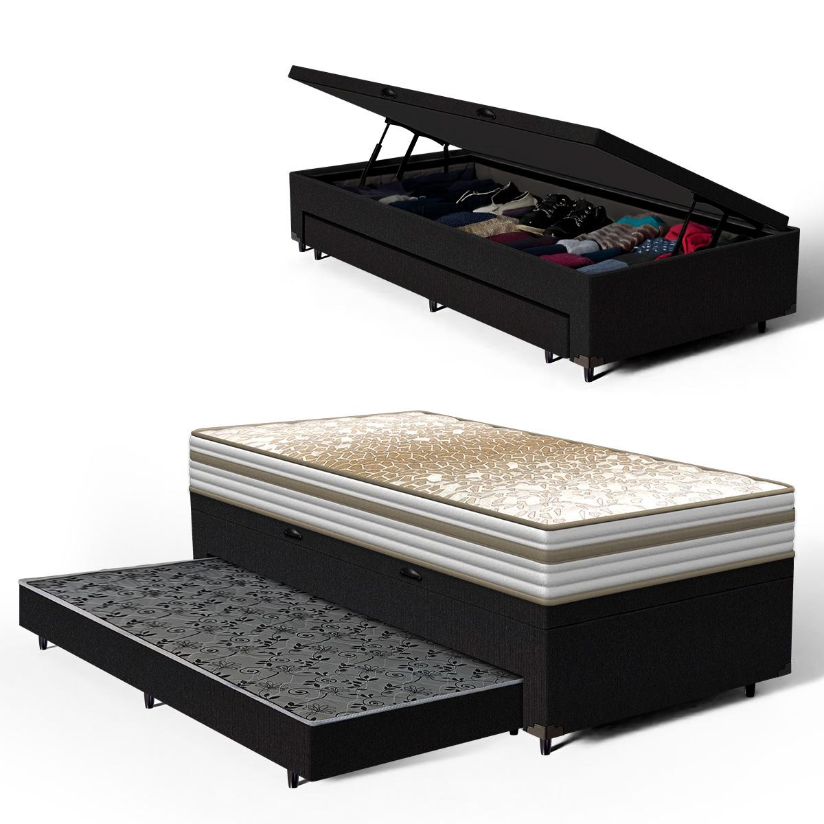 Cama Box Baú Com Colchão De Molas Ensacadas Double Face Pillow Euro Alfa Probel + Auxiliar Solteiro 88cm